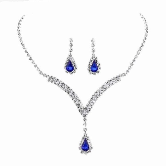 Royal Blue Teardrop Crystal Earrings And V Shape Pendant Bridal-Bridesmaid Set - Picture 6 of 9